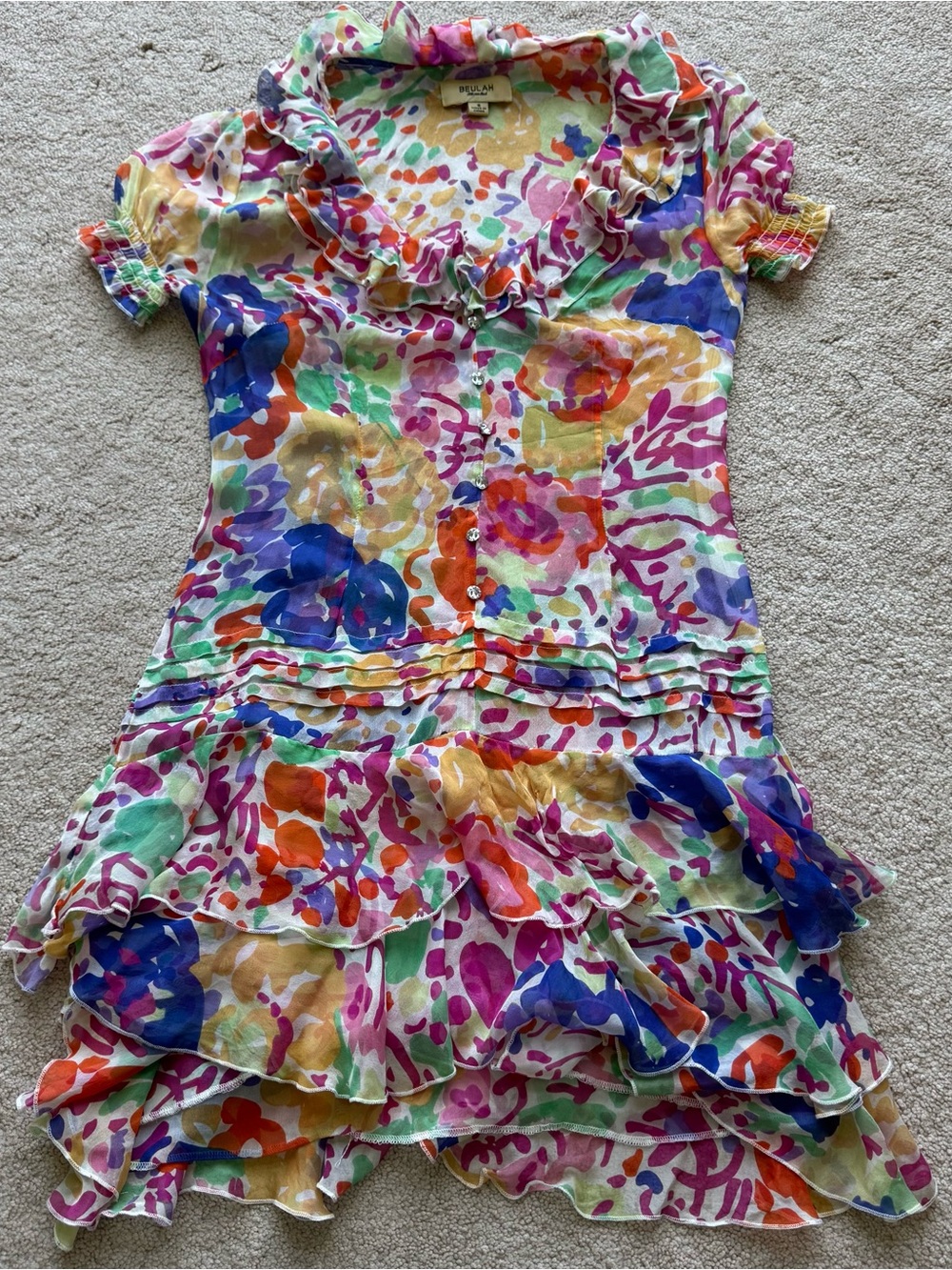 ⁠Beulah Style Multicolor Watercolor Floral Tiered Ruffle Dress size S⁠
